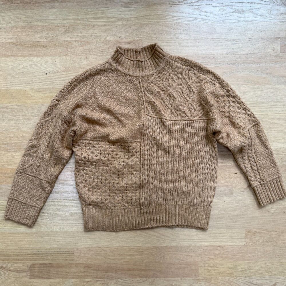 American Eagle Women’s M Tan Patchwork Cable Knit Mock Neck Sweater Cottagecore